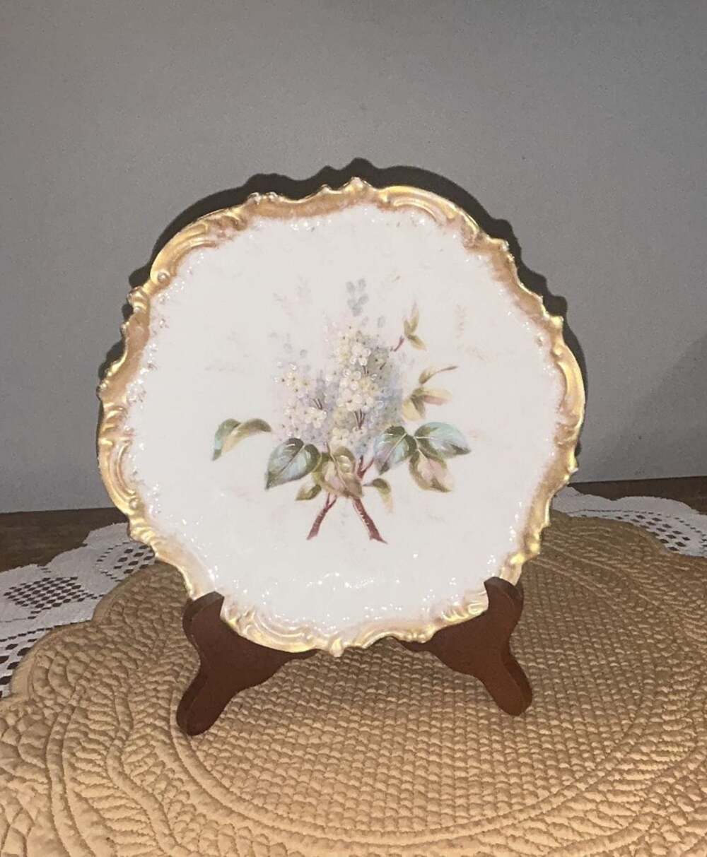 Antique French Porcelain Decorative Plate Hand Painted Lilac Floral Gilded Edge